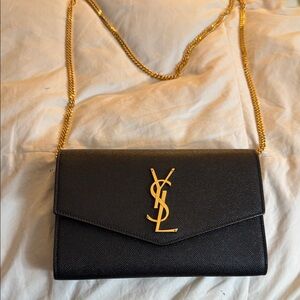 Saint Laurent Black Leather Envelope Crossbody with Gold Hardware